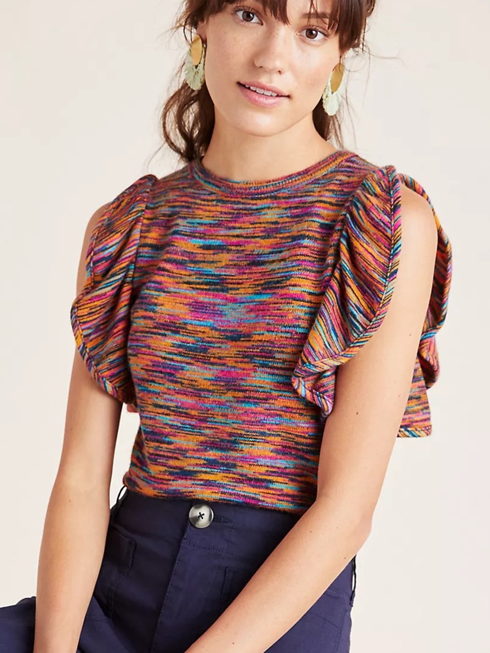 Anthropologie Ruby Flutter-Sleeved Top Multicolor Sweater shirt Knit Shell S